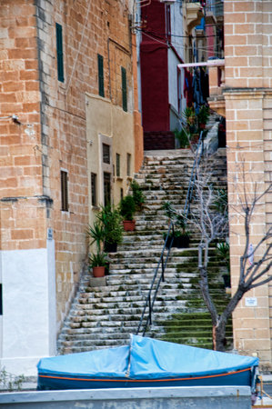 Steep Streets around the Grand Harbour in Valletta on the island of Maltaのeditorial素材