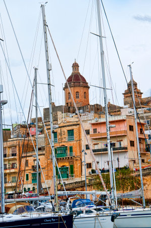 Church overlooking the Grand Harbour in Valletta on the island of Maltaのeditorial素材