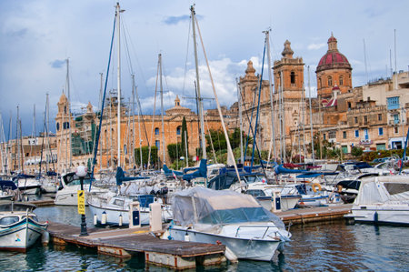 Church overlooking the Grand Harbour in Valletta on the island of Maltaのeditorial素材