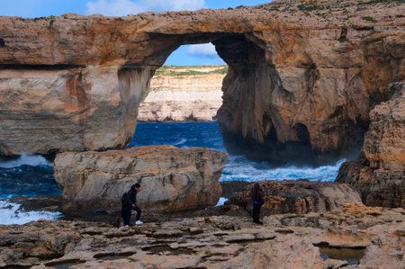 The Azure Window Rock formations on the Maltese Island of Gozoのeditorial素材