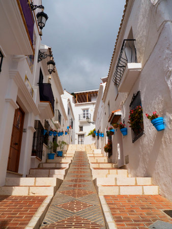 Street of San Sebastian in Mijas one of the most beautiful 'white' villages of Andalucia. It is in the Alpujarra mountains above the coastのeditorial素材