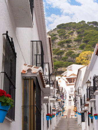 Street of San Sebastian in Mijas one of the most beautiful 'white' villages of Andalucia. It is in the Alpujarra mountains above the coastのeditorial素材