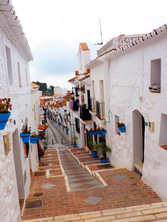 Street of San Sebastian in Mijas one of the most beautiful 'white' villages of Andalucia. It is in the Alpujarra mountains above the coastのeditorial素材