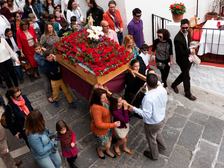 Easter procession in Mijas one of the most beautiful 'white' villages of Andalucia. It is in the Alpujarra mountains above the coastのeditorial素材