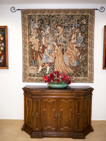 Tapestry in Mijas one of the most beautiful 'white' villages of Andalucia. It is in the Alpujarra mountains above the coastのeditorial素材