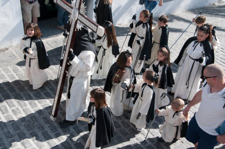 Easter processions in Mijas one of the most beautiful 'white' villages of Andalucia. It is in the Alpujarra mountains above the coastのeditorial素材