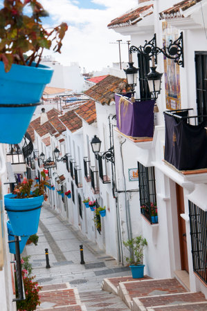 Street of San Sebastian in Mijas one of the most beautiful 'white' villages of Andalucia. It is in the Alpujarra mountains above the coastのeditorial素材