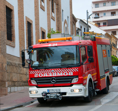 Fire Truck in Ronda a mountain village in Andalucia sited high above a Gorge in the Mountains above...
