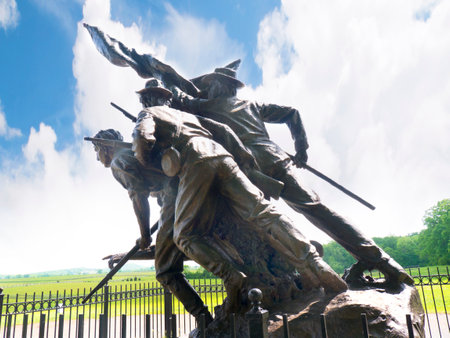 The Battlefield in Gettysburg Pennsylvania which is dotted to many memorials to the fallen and to commemorate the individuals involvedのeditorial素材