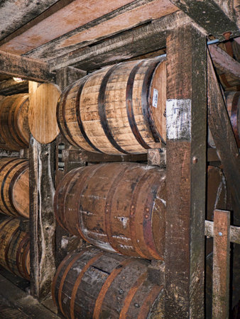 Barrels maturing Bourbon in Distillery in Bardstown Kentucky USA