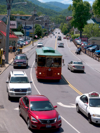 Trolley on Main Street in Gatlinburg a holiday resort in Tennessee USAのeditorial素材