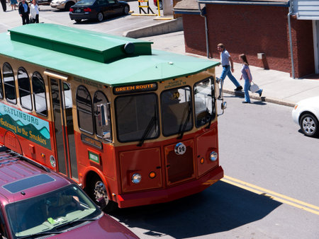 Trolley on Main Street in Gatlinburg a holiday resort in Tennessee USA