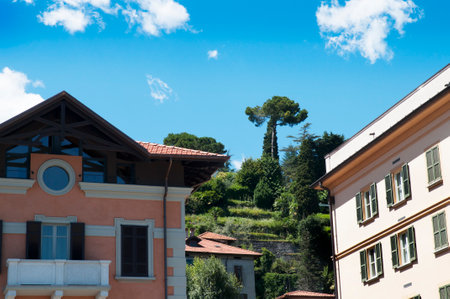 Some of the small towns from  ferry crossing the Lake Como  in the Italian region of Lombardyのeditorial素材
