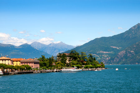 Some of the small towns from  ferry crossing the Lake Como  in the Italian region of Lombardyのeditorial素材