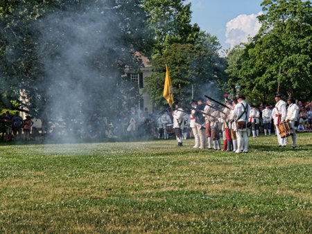 Battle Re-enactment in Historic Colonial Williamsburg where the earliest European settlers established their first colony in Virginia USAのeditorial素材
