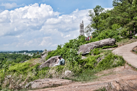 The Battlefield in Gettysburg Pennsylvania which is dotted to many memorials to the fallen and to commemorate the individuals involvedのeditorial素材