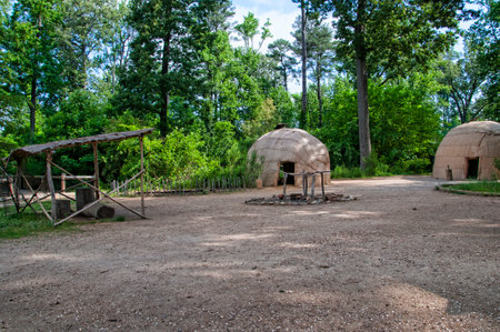 The Native American village at Historic Jamestown on the James River where the earliest European settlers established their first colony in Virginia USAのeditorial素材