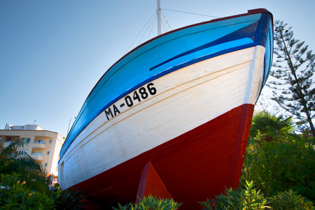 The fishing boat La Dorada, made famous in the 1980s TV series Verano Azul now in park in Nerja Spainのeditorial素材