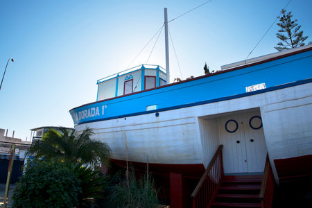 The fishing boat La Dorada, made famous in the 1980s TV series Verano Azul now in park in Nerja Spainのeditorial素材