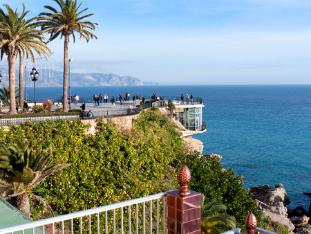 The Balcon de Europa is a viewpoint down the coast set in the cliffs in Nerja Spainのeditorial素材