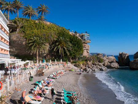 The Balcon de Europa is a viewpoint down the coast set in the cliffs in Nerja Spainのeditorial素材
