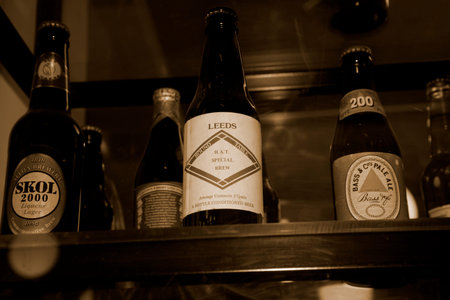 Display of Vintage beer bottles in Art Gallery in Leeds Yorkshire