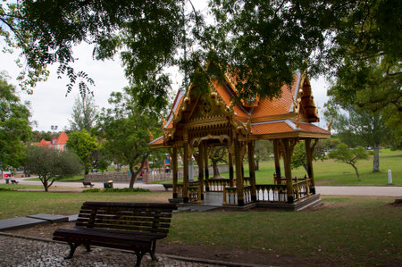 Indonesian House or temple in the the Praa do Imprio: gardens centred upon a large fountain, laid out during World War II in Lisbon Portugalのeditorial素材