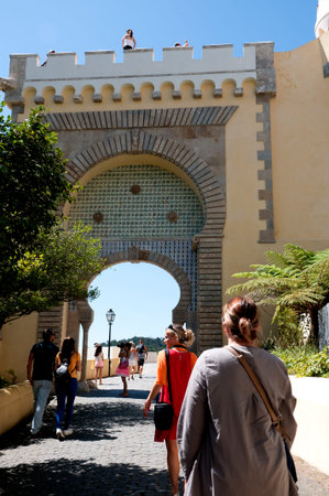 Palacio da Pena in Sintra is a wild fantasy of domes,towers,crennelations and ramparts approached from a drawbridge that does not draw.のeditorial素材