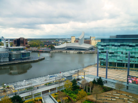 The Salford Quays was once Manchester's Docklands but now it hosts MediacityUK,the Lowry Theatre and the Imperial War Museum Northのeditorial素材