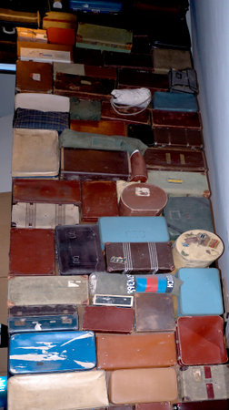 Wall of Luggage symbolizing evacuees and refugees in War Zones at the Imperial War Museum North on Salford Quaysのeditorial素材