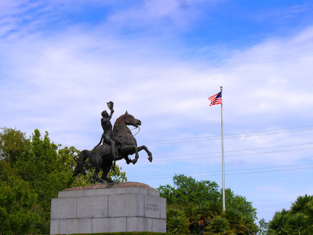 Statue of Andrew Jackon outside the Cathedral of New Orleans a Louisiana city on the Mississippi River, near the Gulf of Mexico.のeditorial素材