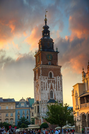 Mariacki Basilica in Krakow Poland at sunsetのeditorial素材
