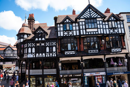 The Rows are unique in Britain. The Rows are Tudor Black and White Buildings in Chester the county city of Cheshire in England. Much of the architecture of central Chester looks medieval and some of it is but by far the greatest part of it, including mostのeditorial素材