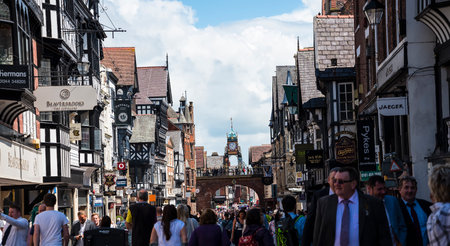 The Rows are unique in Britain. The Rows are Tudor Black and White Buildings in Chester the county city of Cheshire in England. Much of the architecture of central Chester looks medieval and some of it is but by far the greatest part of it, including mostのeditorial素材