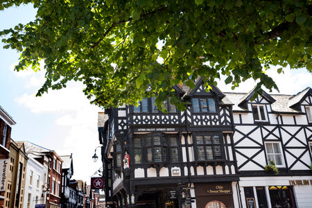 The Rows are unique in Britain. The Rows are Tudor Black and White Buildings in Chester the county city of Cheshire in England. Much of the architecture of central Chester looks medieval and some of it is but by far the greatest part of it, including mostのeditorial素材