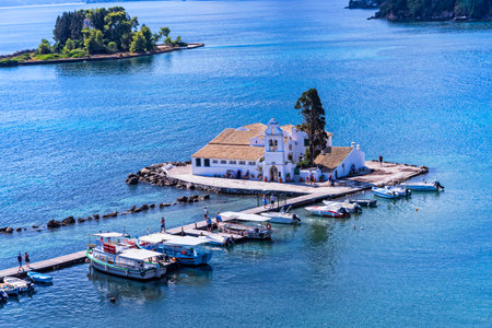 Kanoni, the church of Panagia Vlacherna and the Mouse Island on the Greek Island of Corfuのeditorial素材