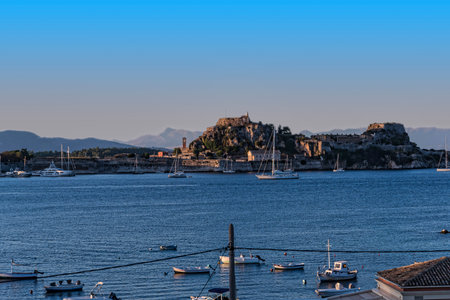 View of the Bay at Corfu Town on the Greek island of Corfuのeditorial素材