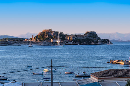 View of the Bay at Corfu Town on the Greek island of Corfuのeditorial素材