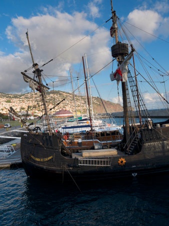 Reproduction Galleon taking tourists on a pirate cruise in the sea around Funchal on the island of Madeira Portugalのeditorial素材