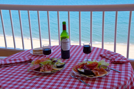 Lunch on Apartment Balcony overlooking the beach and the sea in Fuengirola on the Costa del Sol in Spainのeditorial素材