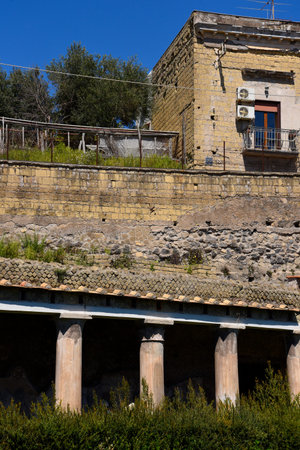 Herculaneum, or Ercolano, near Naples in Italy was not buried by falling rocks like Pompeii was in the eruption of Vesuvius in 79AD, instead it was engulfed in boiling mud and superheated air. This preserved roofs, buildings and artefactsのeditorial素材