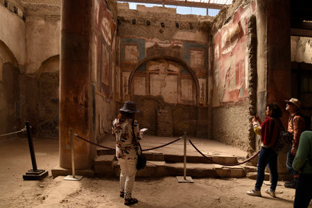 the temple of Augustus in Herculaneum, or Ercolano, near Naples in Italy was not buried by falling rocks like Pompeii was in the eruption of Vesuvius in 79AD, instead it was engulfed in boiling mud and superheated air. This preserved roofs, buildings and のeditorial素材