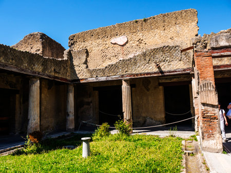 Villas in Herculaneum, or Ercolana, near Naples in Italy was not buried by falling rocks like Pompeii was in the eruption of Vesuvius in 79AD, instead it was engulfed in boiling mud and superheated air. This preserved roofs, buildings and artefactsのeditorial素材