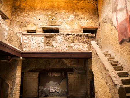 Interior of Villa in Herculaneum, or Ercolana, near Naples in Italy was not buried by falling rocks like Pompeii was in the eruption of Vesuvius in 79AD, instead it was engulfed in boiling mud and superheated air.のeditorial素材