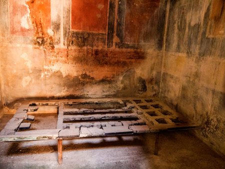 bed in house in Herculaneum, or Ercolana, near Naples in Italy was not buried by falling rocks like Pompeii was in the eruption of Vesuvius in 79AD, instead it was engulfed in boiling mud and superheated air.のeditorial素材