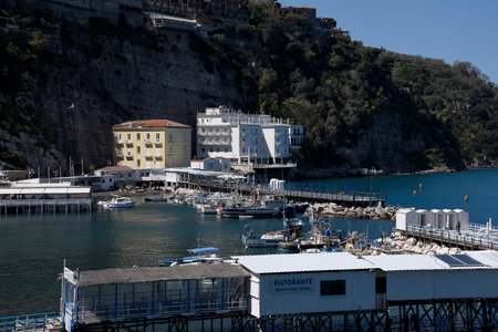The old town of Sorrento going down into the original fishing harbour of Marina Grande in Sorrento a small city in Campania, Italy.  It is a busy fishing port supplying the town and a popular European tourist destination.のeditorial素材