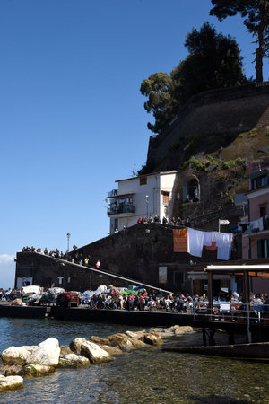 The old town of Sorrento going down into the original fishing harbour of Marina Grande in Sorrento a small city in Campania, Italy.  It is a busy fishing port supplying the town and a popular European tourist destination.のeditorial素材