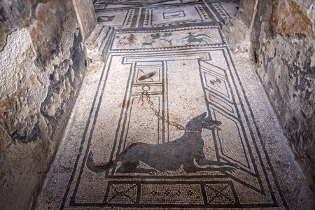 Mosaic Dog guards the entrance to a villa in the once buried Roman city of Pompeii south of Naples under the shadow of Mount Vesuviusのeditorial素材