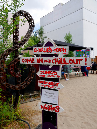 The 'beach' near Checkpoint Charlie in the city of Berlin Gremany.This beach is bizarre and fun,  to find in a capital city, a chill out zone,where people can sit on deckchairs, have a glass of beer a meal and watch sport on a huge TVのeditorial素材