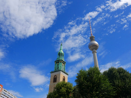 The Marienkirche and the Fernsehturm Communication tower in Berlin Germanyのeditorial素材